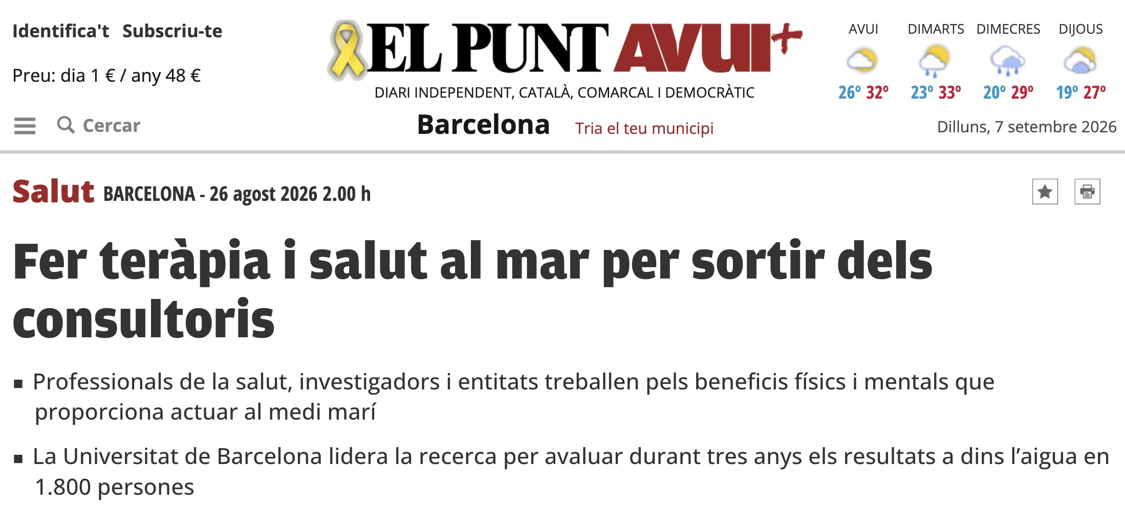 La Universidad de Barcelona y la USSAP lideran un proyecto pionero para prescribir el mar como terapia